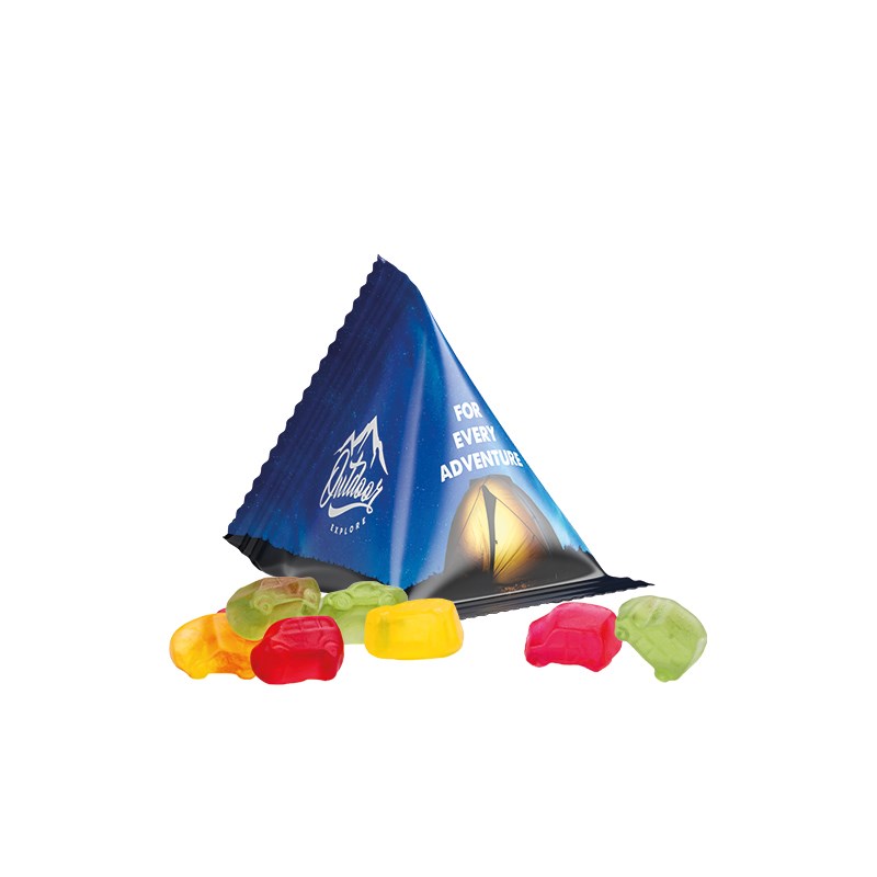 Fruchtgummi Tetraeder, Folie weiß, Trolli Fruchtgummi Auto-Mischung